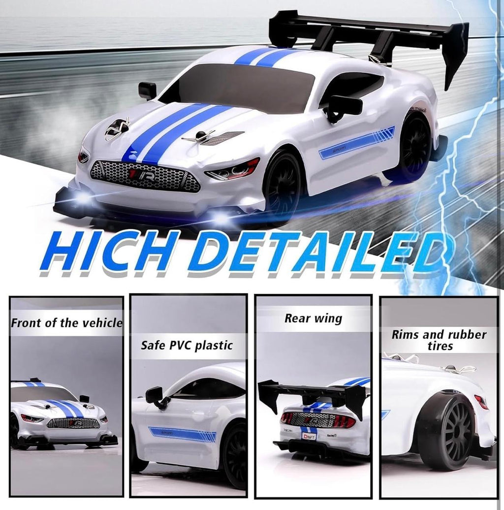 1:24 Scale Drift RC Racing Car – Four-Wheel Drive Sport Coupe with LED Lights, PVC Shell, Rubber Tyres & USB Rechargeable Battery