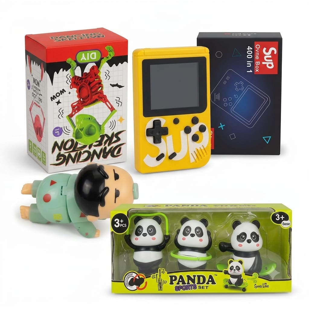Famnest 5-in-1 Special Gift Set with 400-in-1 Retro Game, Dancing Skeleton, Crawling Infant, Panda Sports Set & Royal Enfield Bike