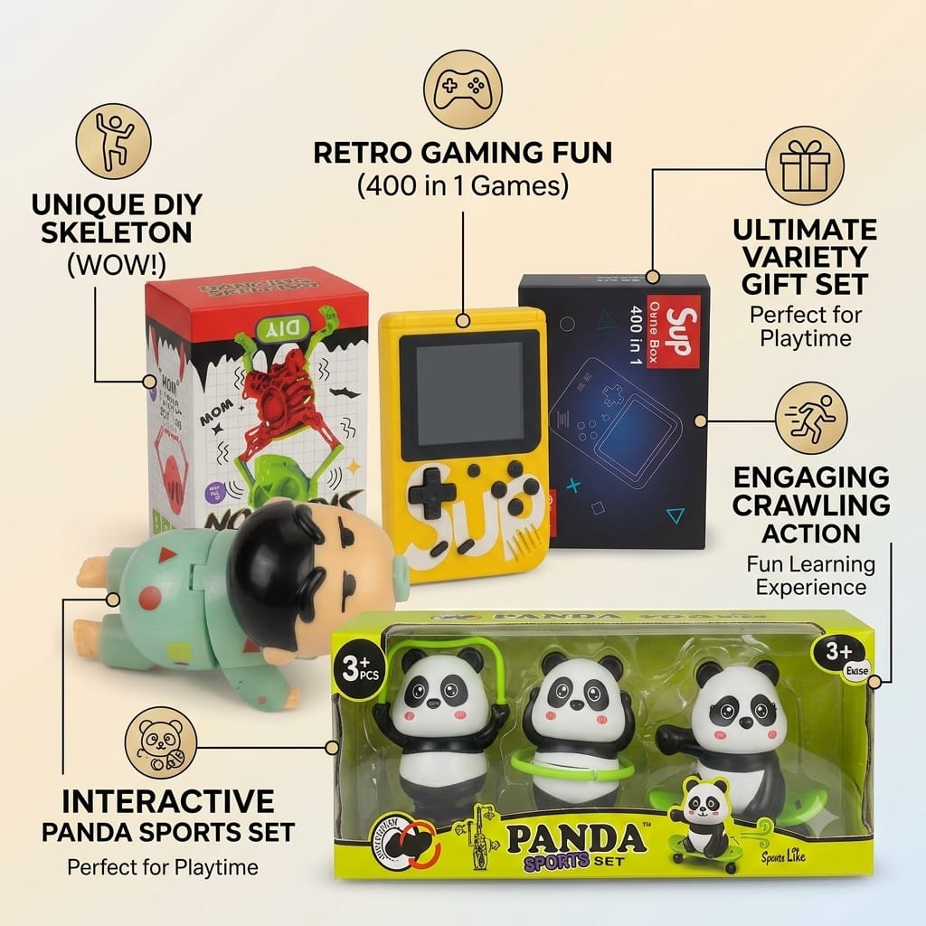 Famnest 5-in-1 Special Gift Set with 400-in-1 Retro Game, Dancing Skeleton, Crawling Infant, Panda Sports Set & Royal Enfield Bike