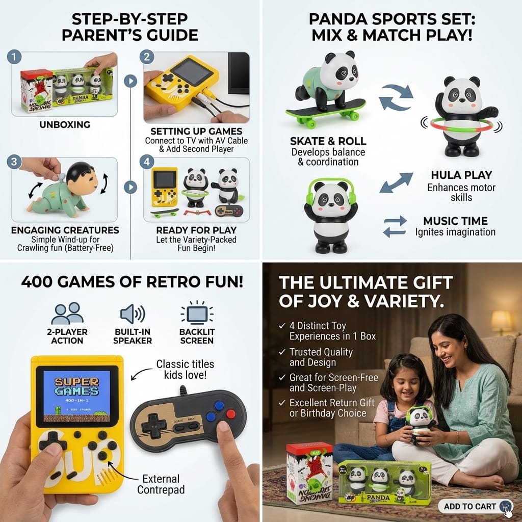Famnest 5-in-1 Special Gift Set with 400-in-1 Retro Game, Dancing Skeleton, Crawling Infant, Panda Sports Set & Royal Enfield Bike