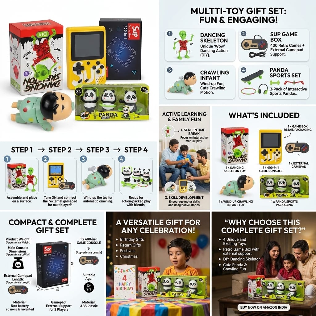 Famnest 5-in-1 Special Gift Set with 400-in-1 Retro Game, Dancing Skeleton, Crawling Infant, Panda Sports Set & Royal Enfield Bike