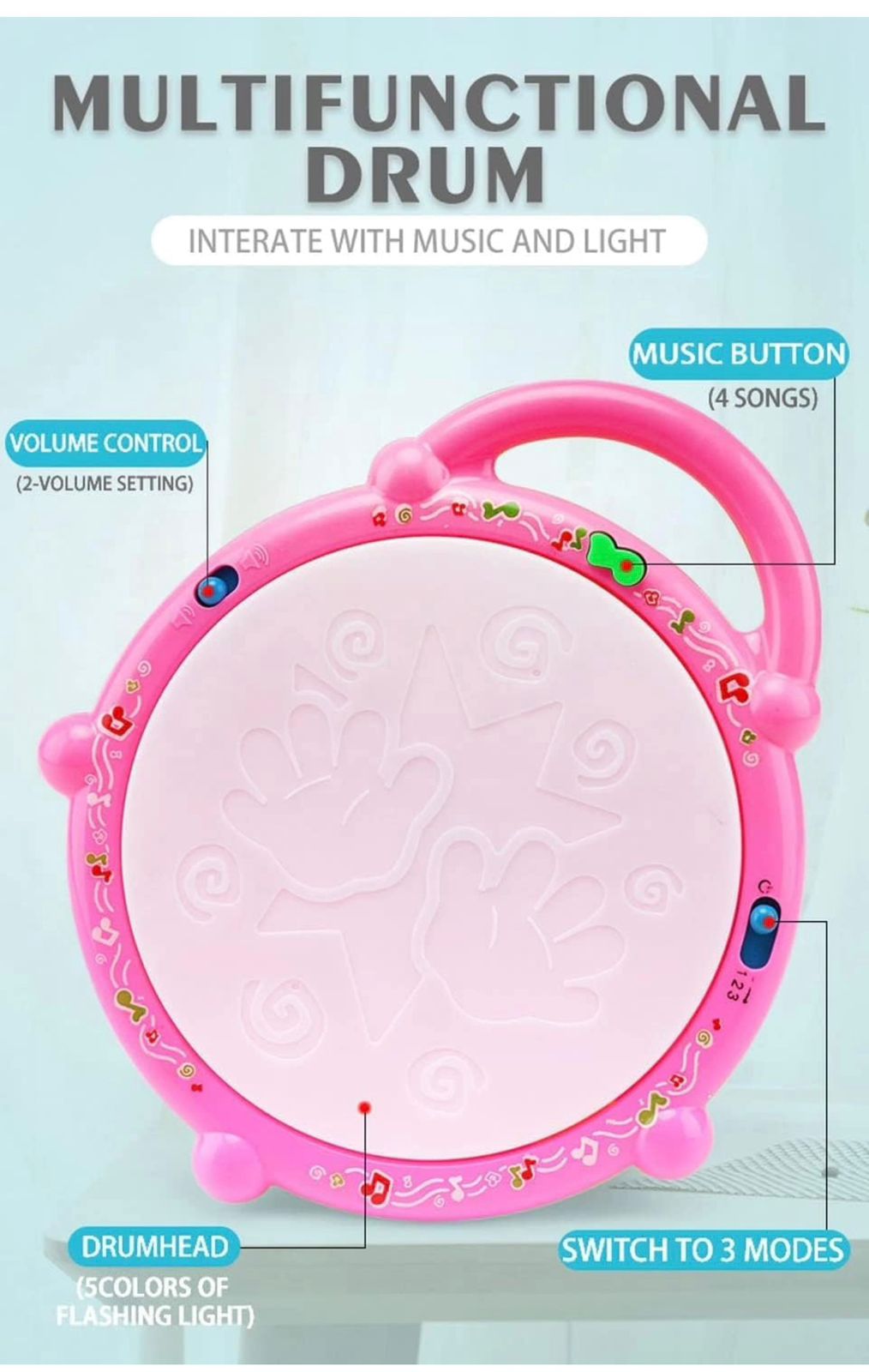 Interactive Musical Flash Drum Toy for Toddlers – 360° Light-Up Beats with Drumsticks
