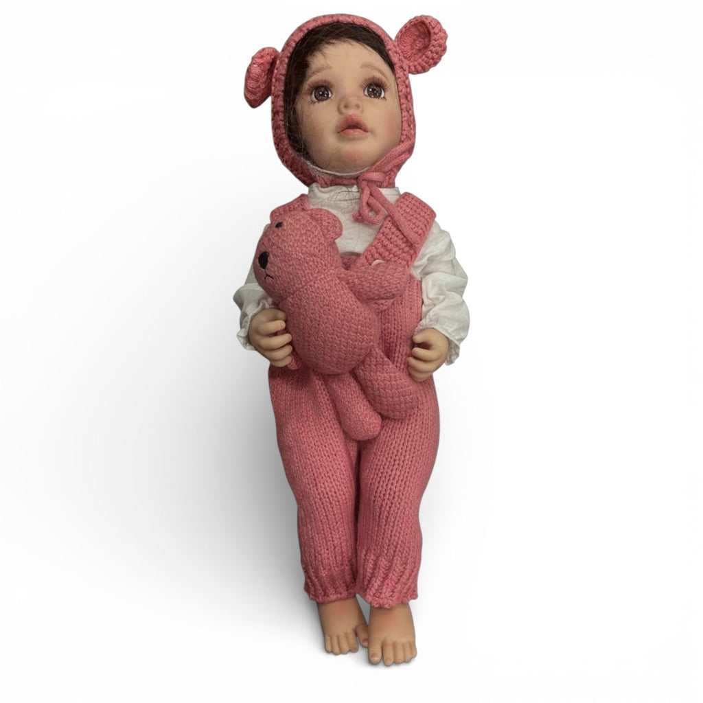 Cozy in Pink: Hand-Knit Bonnet & Romper Baby Doll