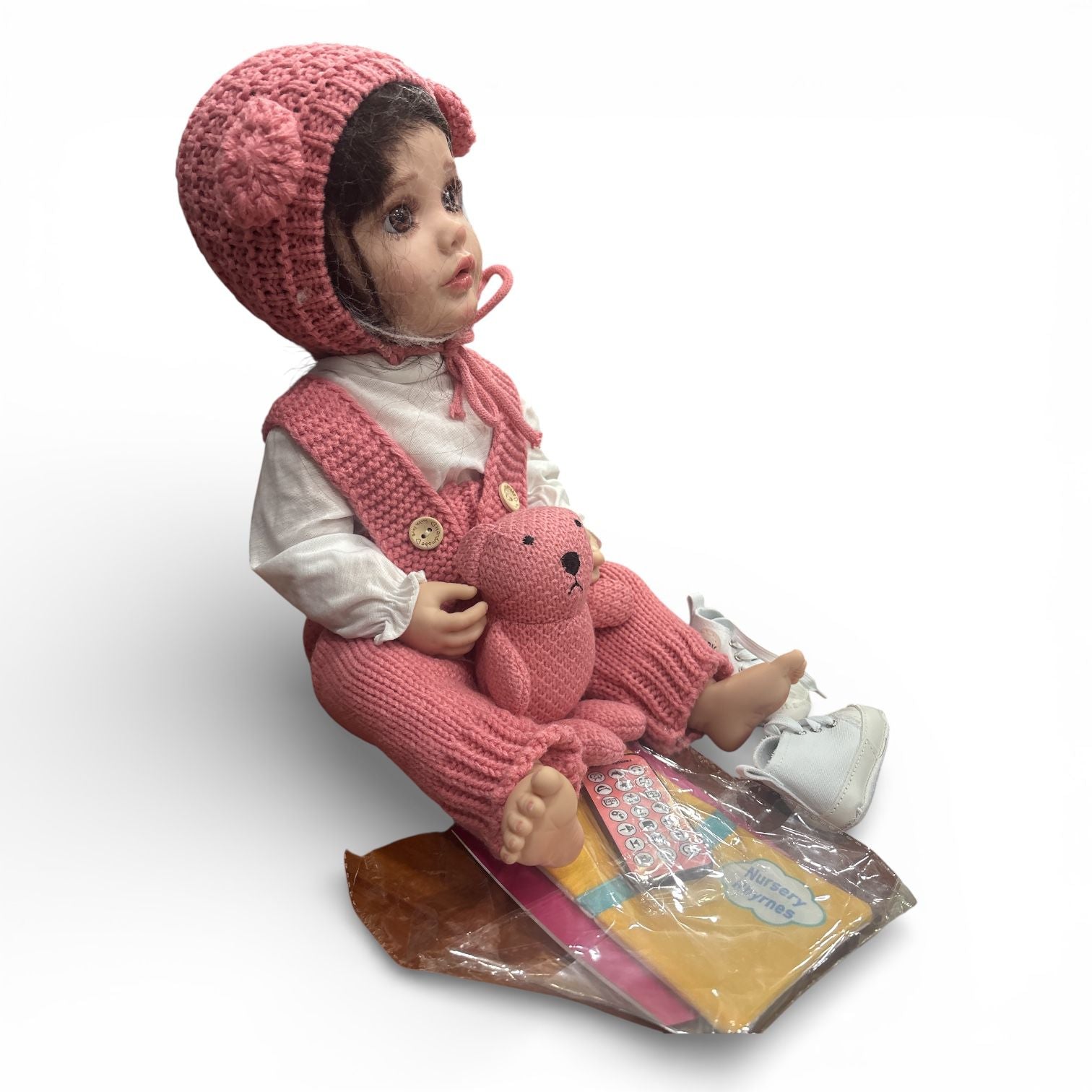 Cozy in Pink: Hand-Knit Bonnet & Romper Baby Doll