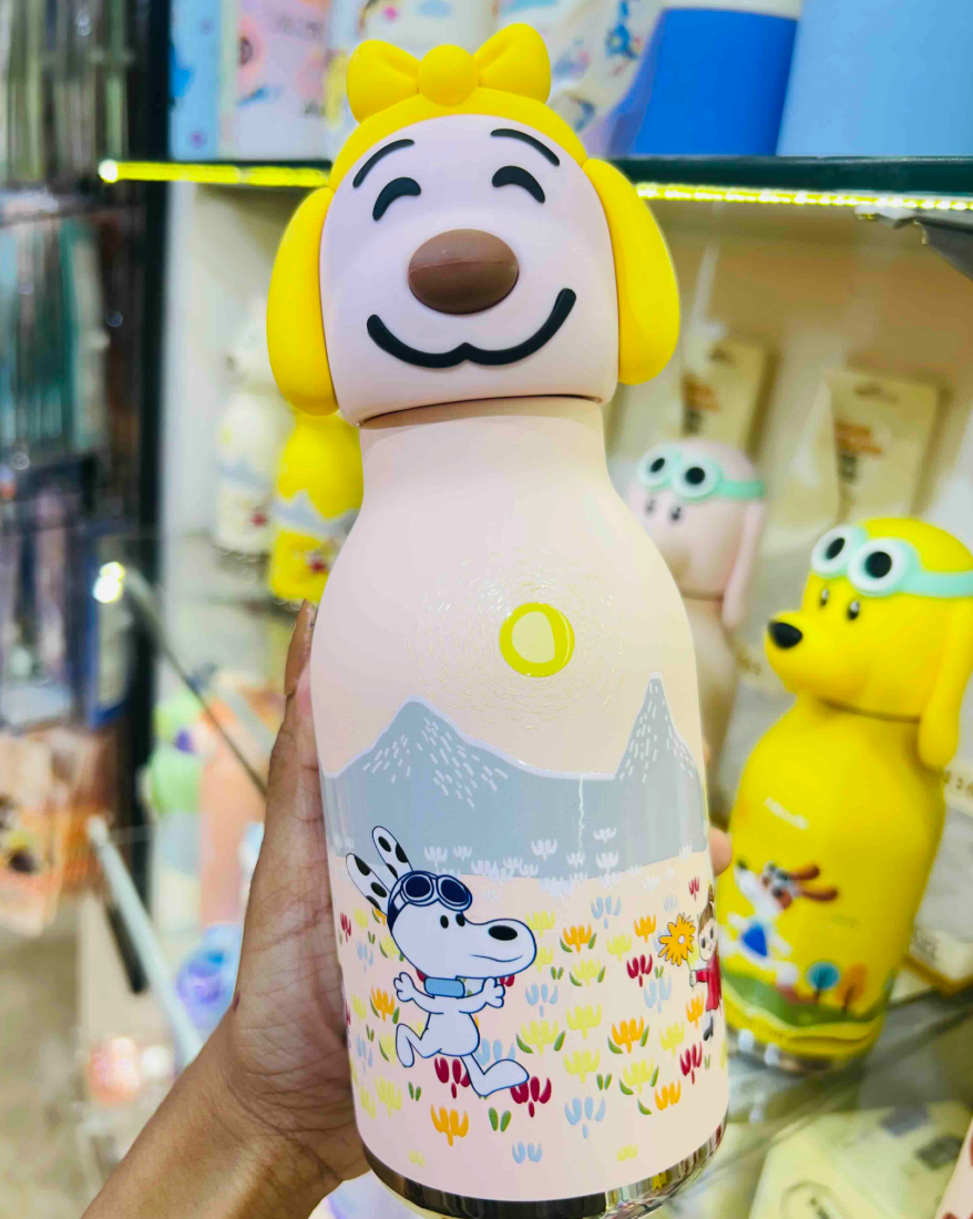 Insulated steel water bottle with 3D puppy silicone cap, yellow