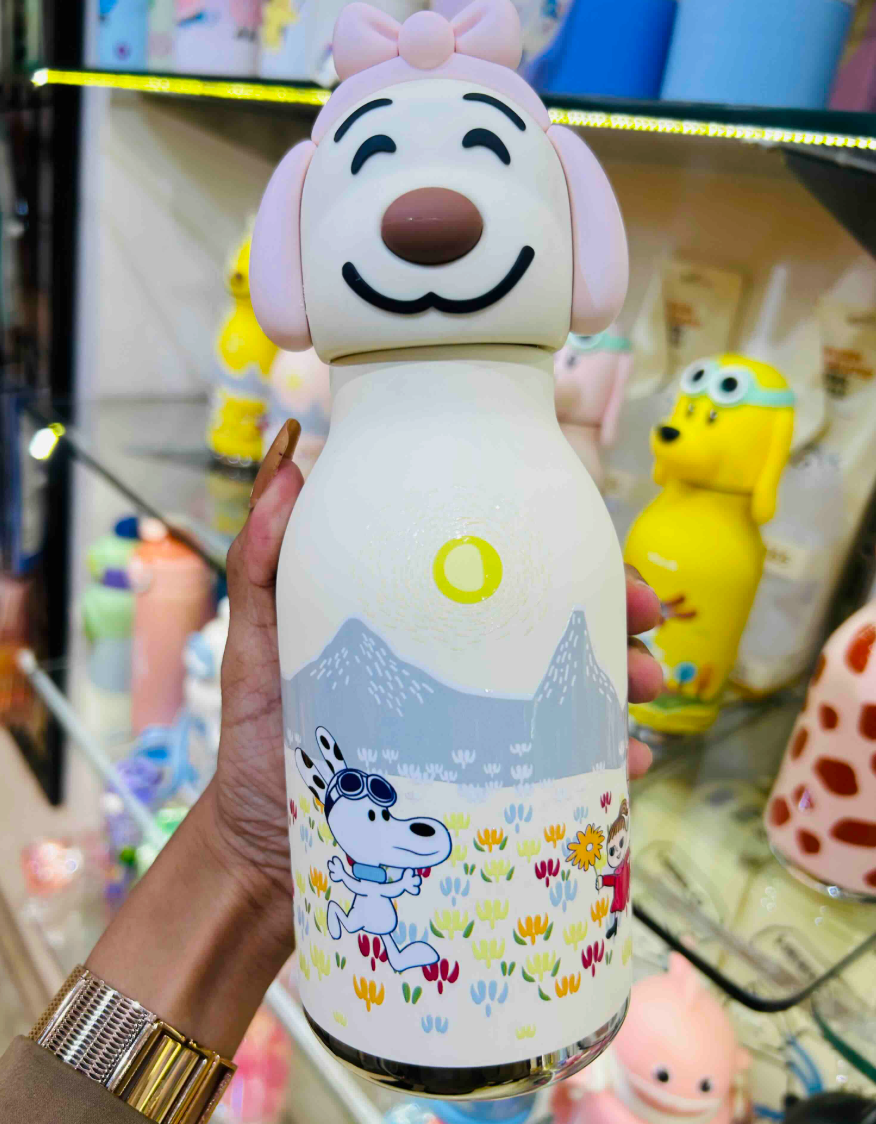 Insulated steel water bottle with 3D puppy silicone cap, pink