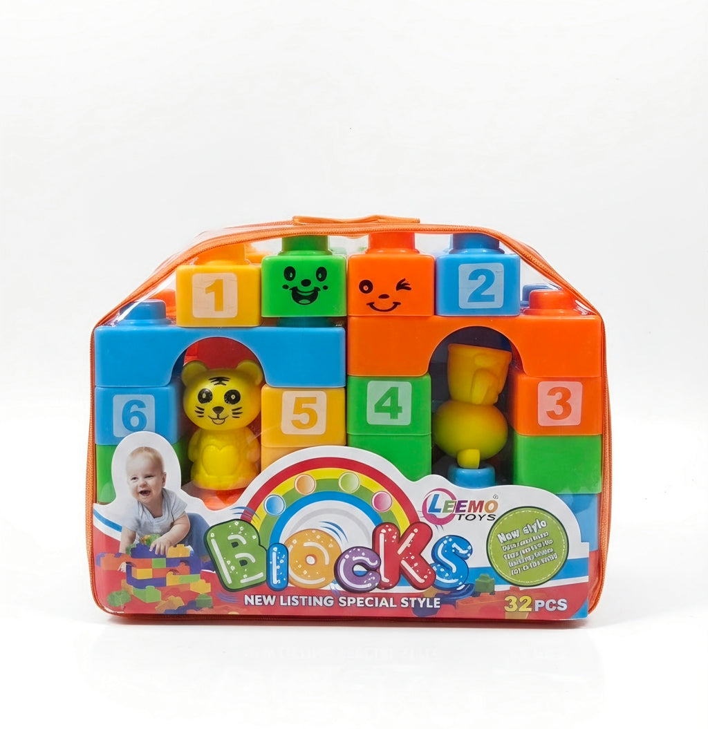 Leemo 32-piece building blocks set in a clear orange zip carry bag