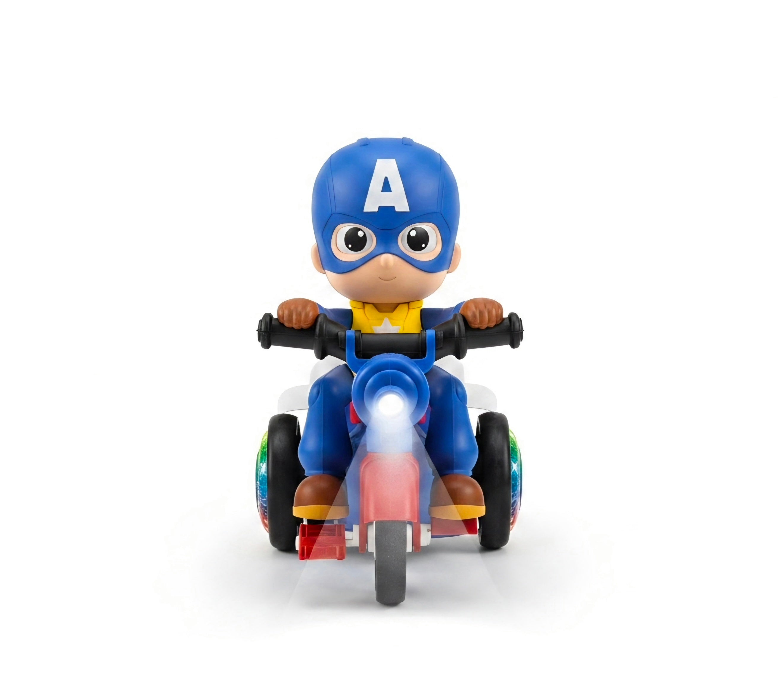 Stunt tricycle toy with light-up shield wheel