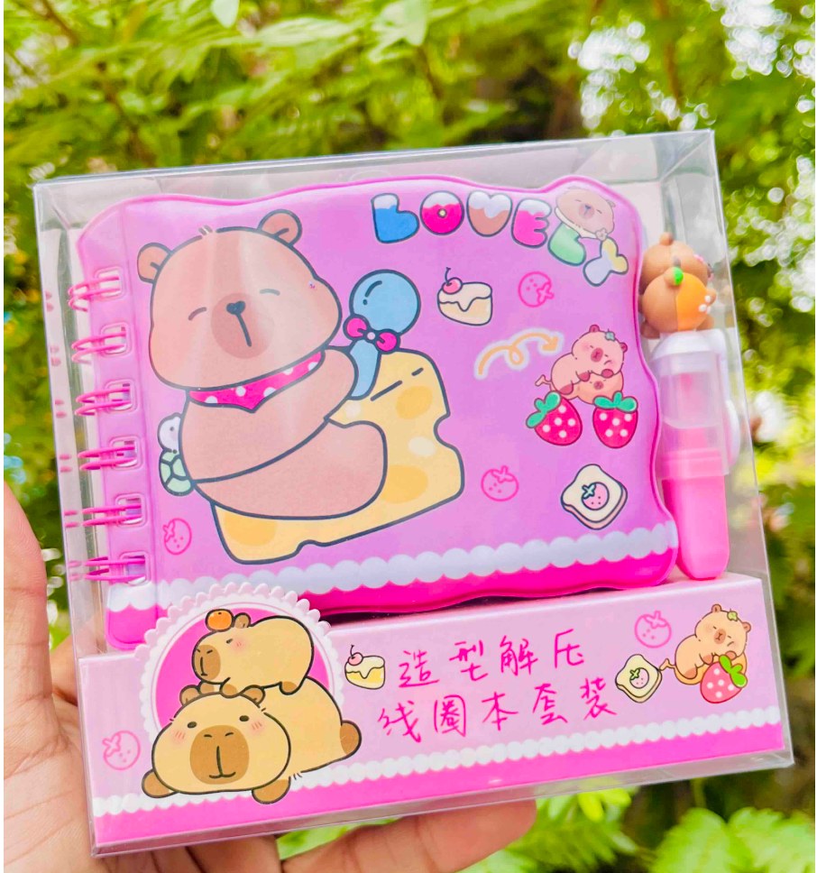Capybara design spiral diary with highlighter pen, pink colourway