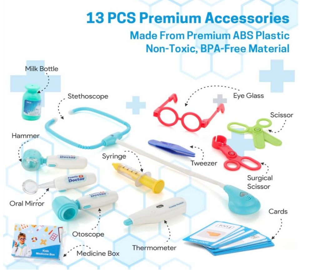 Doctor Set Trolley for Kids with LED Light Instruments, Pretend Play Doctor Set Trolley for Kids Above 3 Years