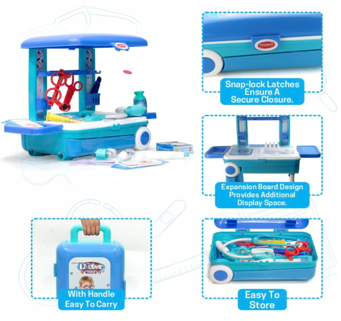 Doctor Set Trolley for Kids with LED Light Instruments, Pretend Play Doctor Set Trolley for Kids Above 3 Years