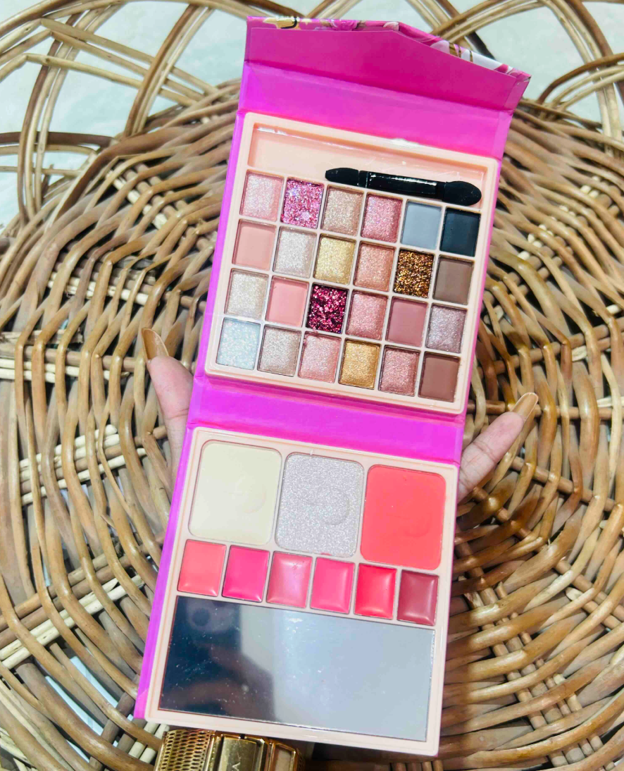 Mocoallure Angel palette open showing eyeshadow, blush and lip gloss sections