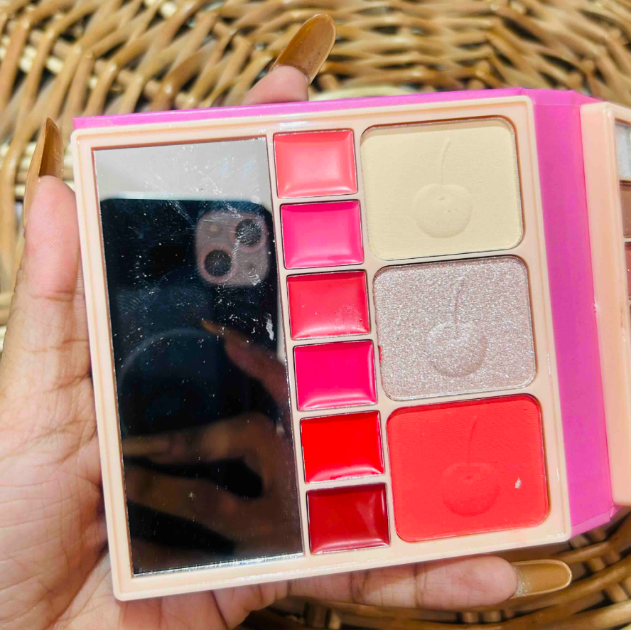Close up of blush, highlighter, lip gloss shades and mirror