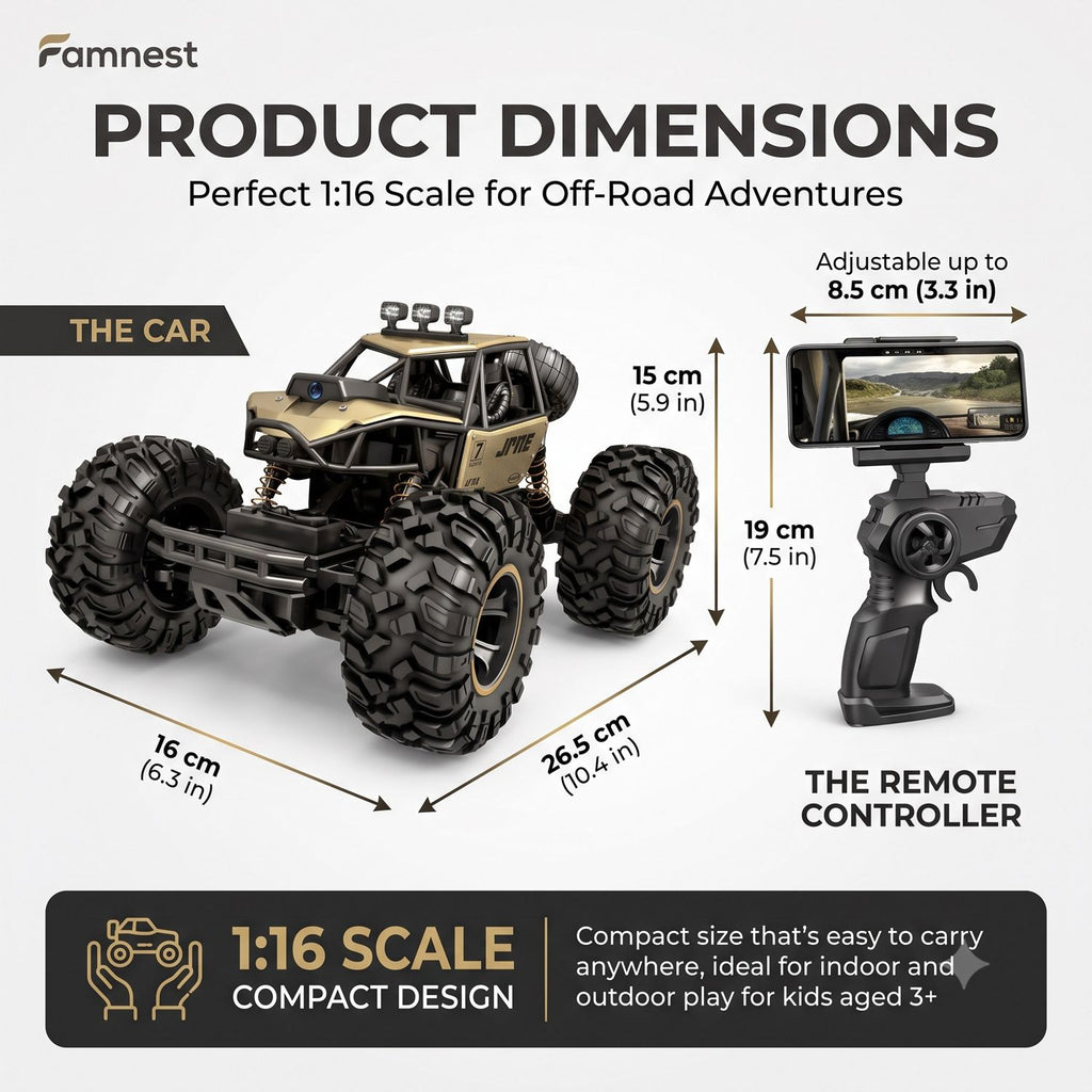 Famnest FPV RC rock crawler dimensions 26.5 x 16 x 15 cm with 19 cm remote and phone holder up to 8.5 cm
