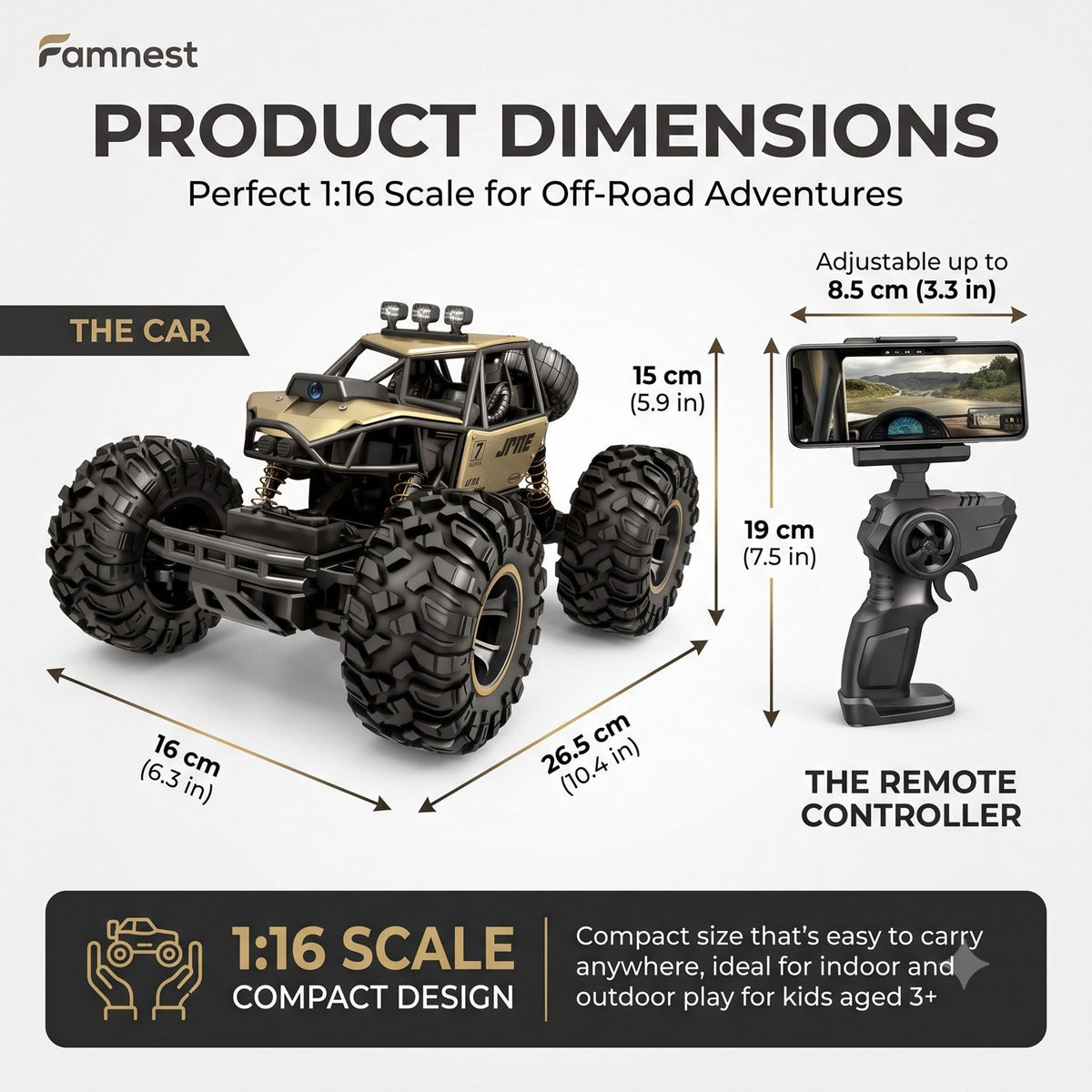 Famnest FPV RC rock crawler dimensions 26.5 x 16 x 15 cm with 19 cm remote and phone holder up to 8.5 cm