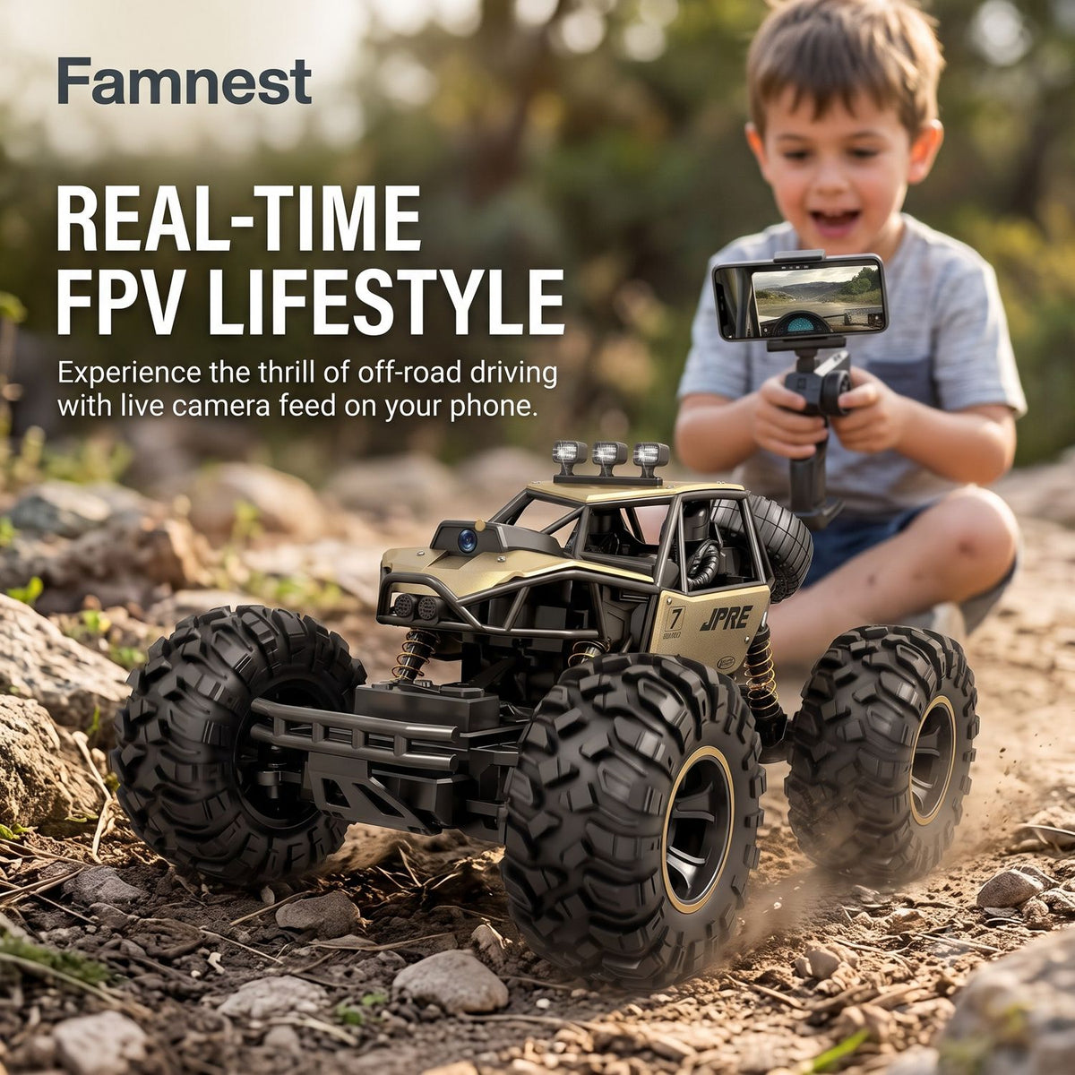 Kid driving Famnest FPV camera RC monster truck outdoors with live video on phone