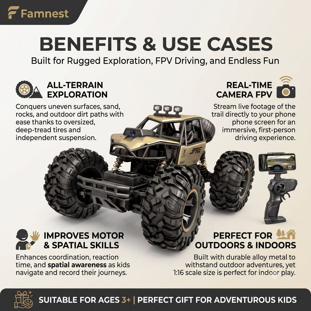 Famnest FPV RC car benefits - all-terrain, real-time camera, motor skills, indoor and outdoor play