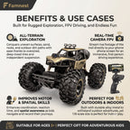 Famnest FPV RC car benefits - all-terrain, real-time camera, motor skills, indoor and outdoor play