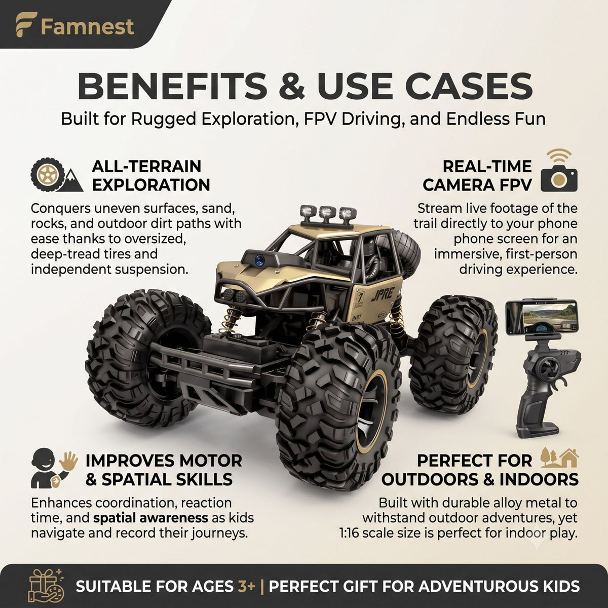 Famnest FPV RC car benefits - all-terrain, real-time camera, motor skills, indoor and outdoor play