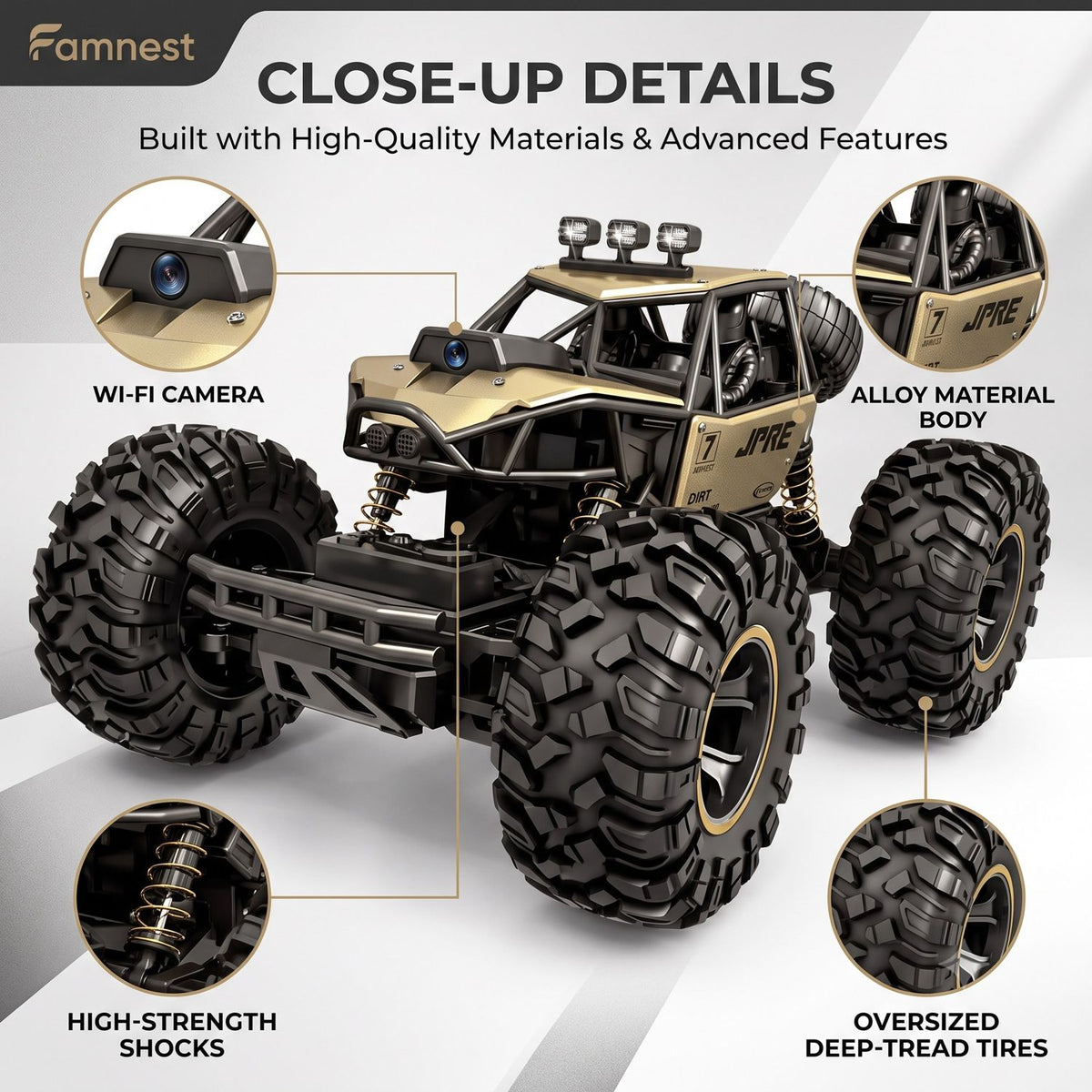 Famnest RC rock crawler close-up - Wi-Fi camera, alloy body, shock absorbers, deep-tread tyres