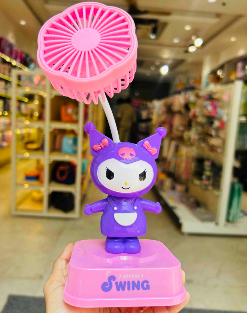 Purple Kuromi-style character mini fan on Joyful Swing base