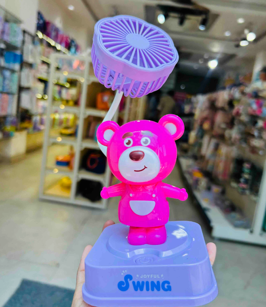Pink bear character mini fan on Joyful Swing base