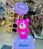 Pink bear character mini fan on Joyful Swing base