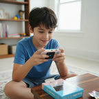 Kid playing handheld game console