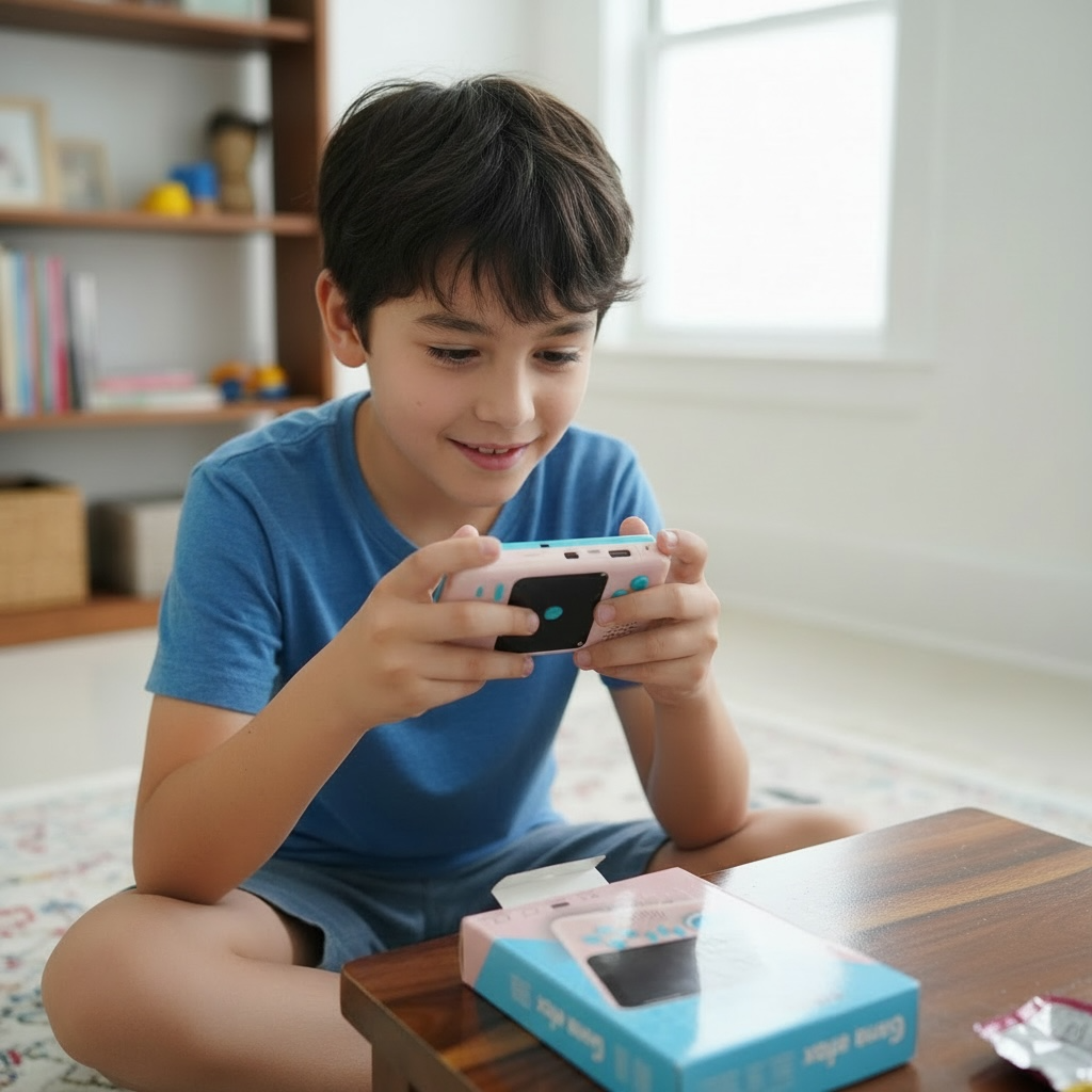 Kid playing handheld game console