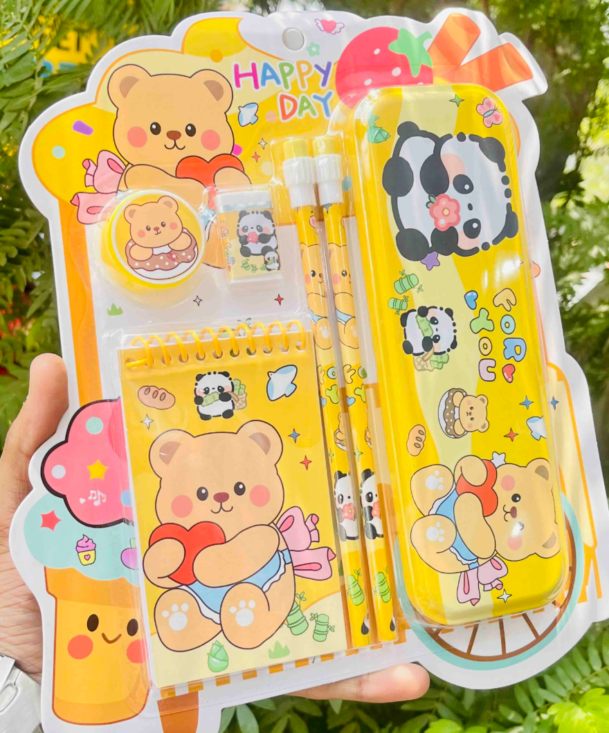 Fancy 6-in-1 cartoon stationery gift set - teddy bear and panda design