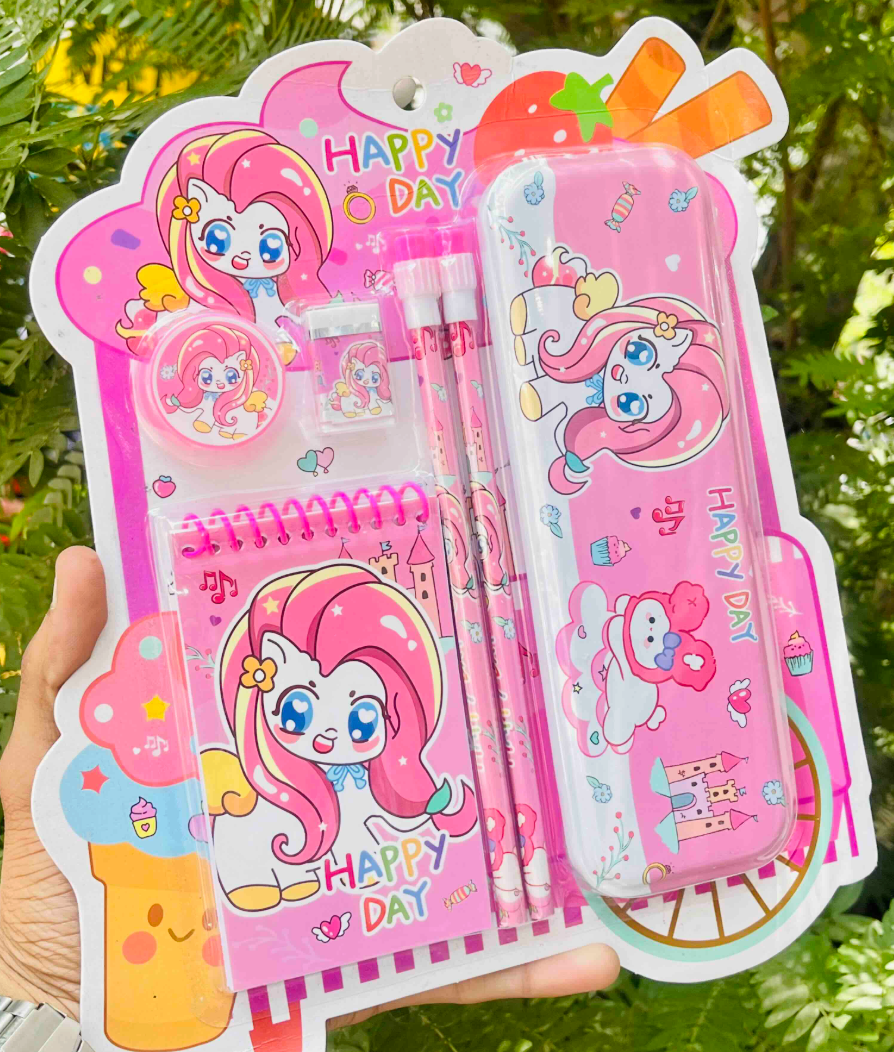 Fancy 6-in-1 cartoon stationery gift set - pink unicorn/pony design