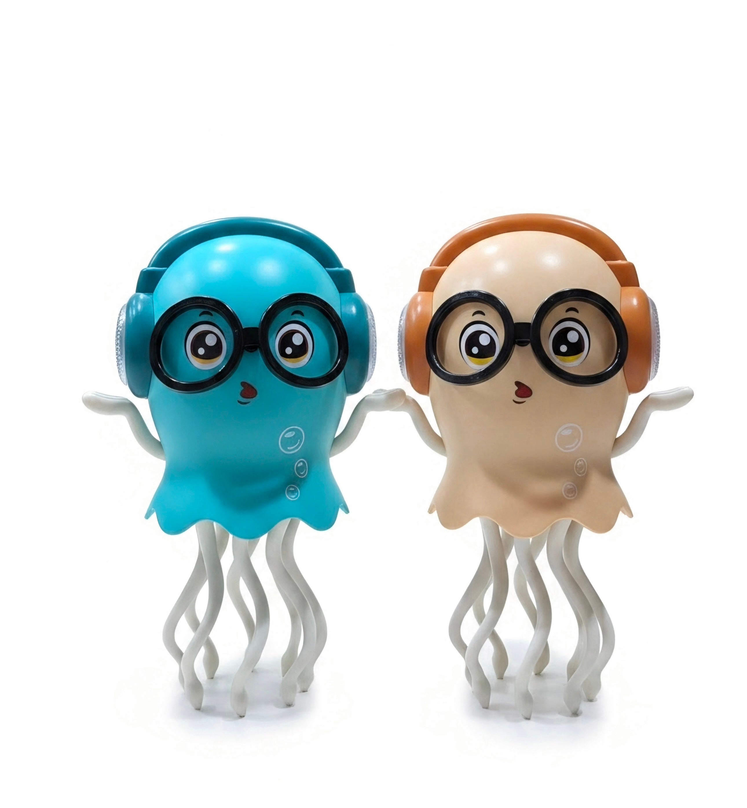 Light-up musical jellyfish toys in blue and beige with glasses and headphones