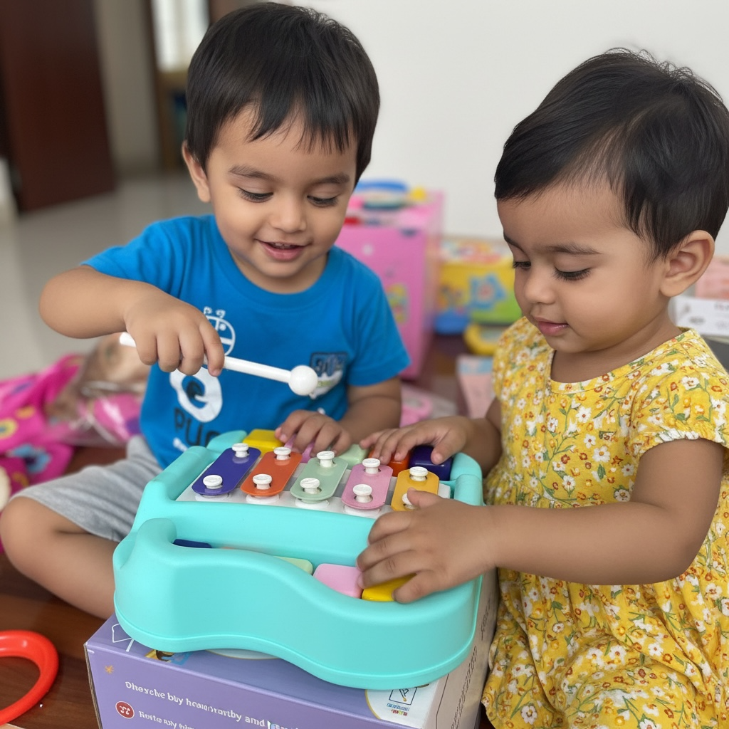 Toddler playing piano toy