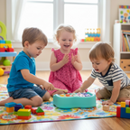 Children playing musical piano xylophone