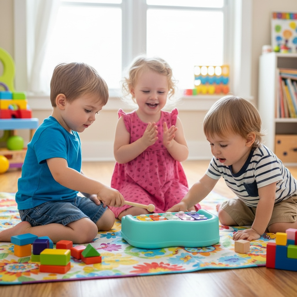 Children playing musical piano xylophone