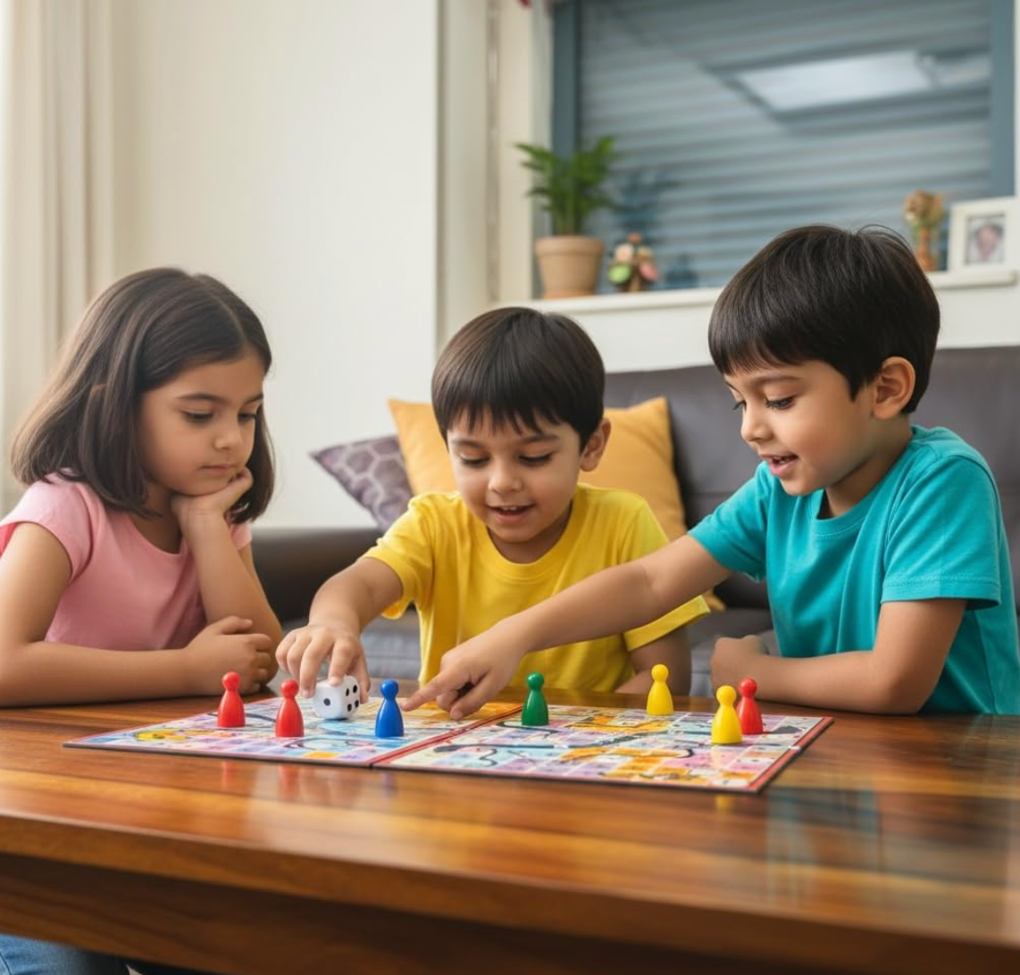 Kids playing magnetic ludo board game