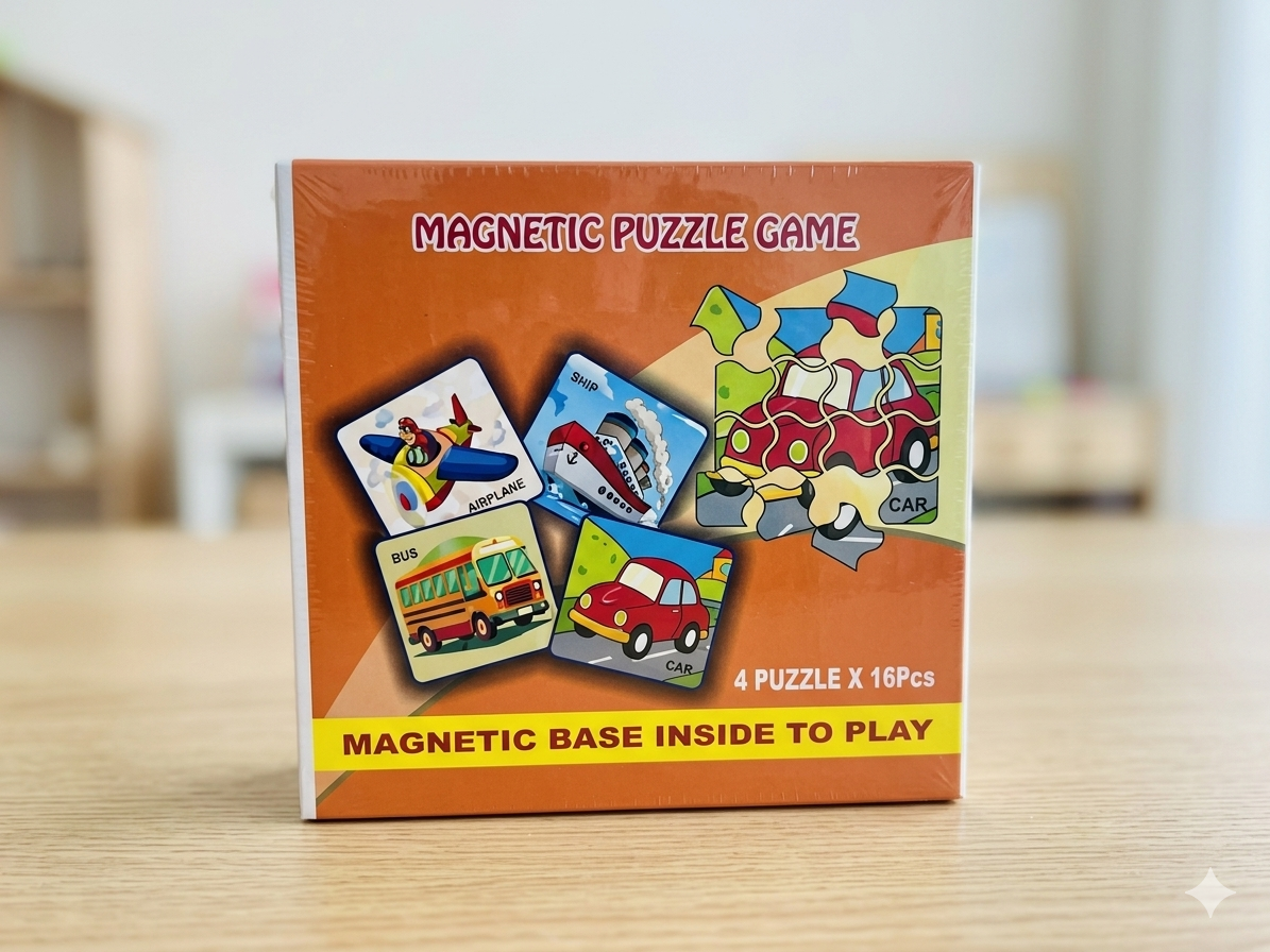 Child playing magnetic puzzle boat