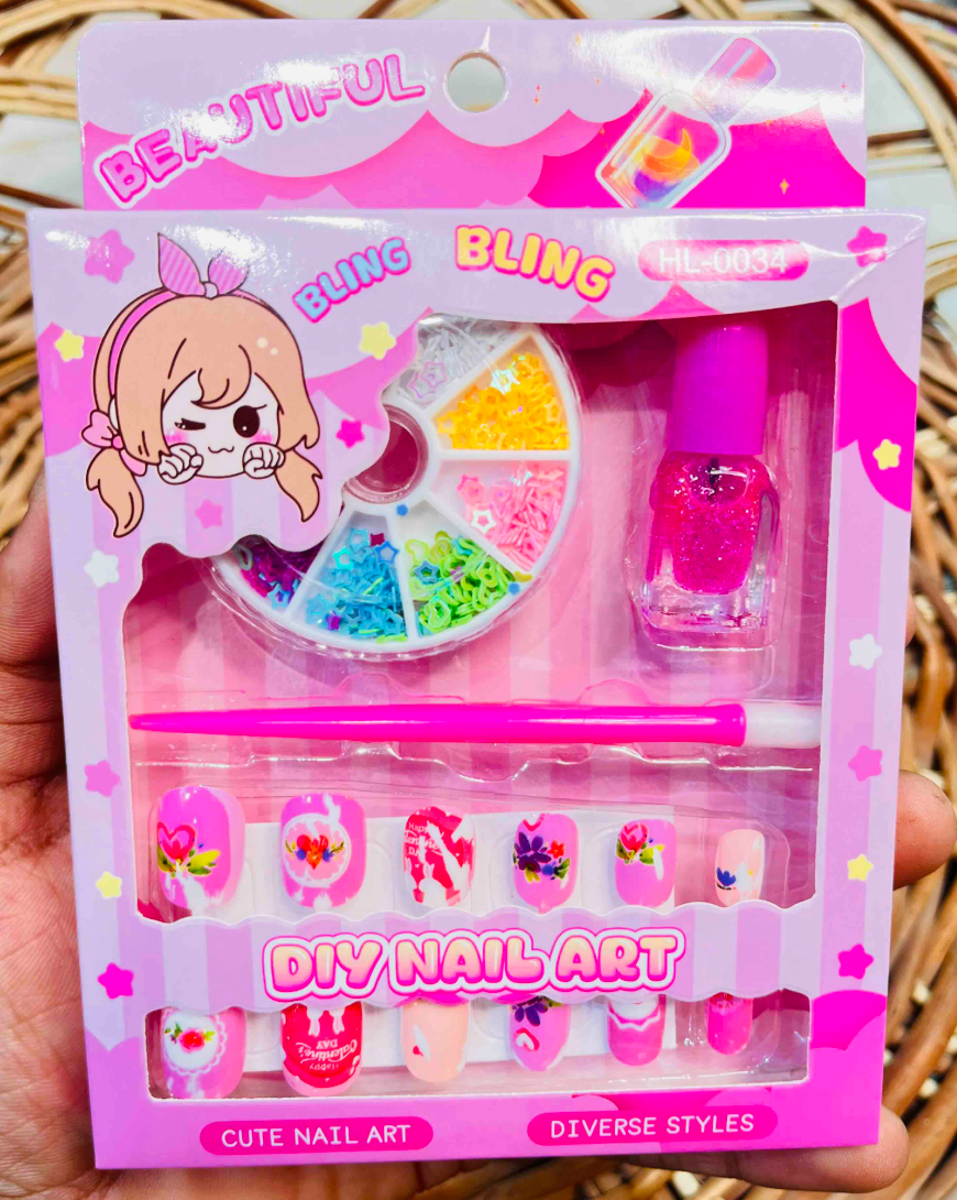 DIY Nail Art Kit for Kids - pink packaging with press-on nails and glitter polish