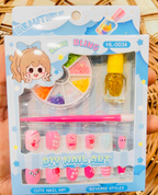 Nail art kit in blue packaging with cat-print press-on nails