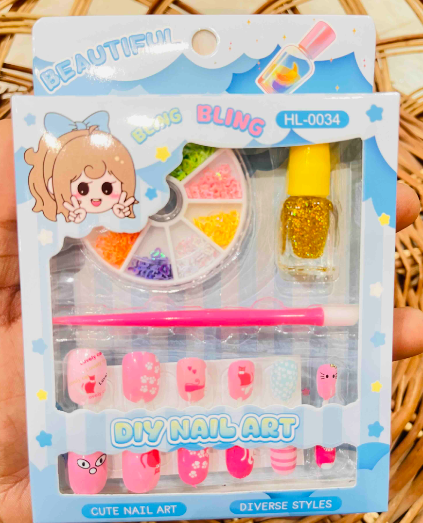 Nail art kit in blue packaging with cat-print press-on nails