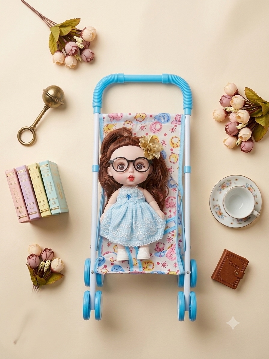 Doll Stroller Toy for Girls Doll Pram Foldable Pretend Play Pushchair, Ages 3+