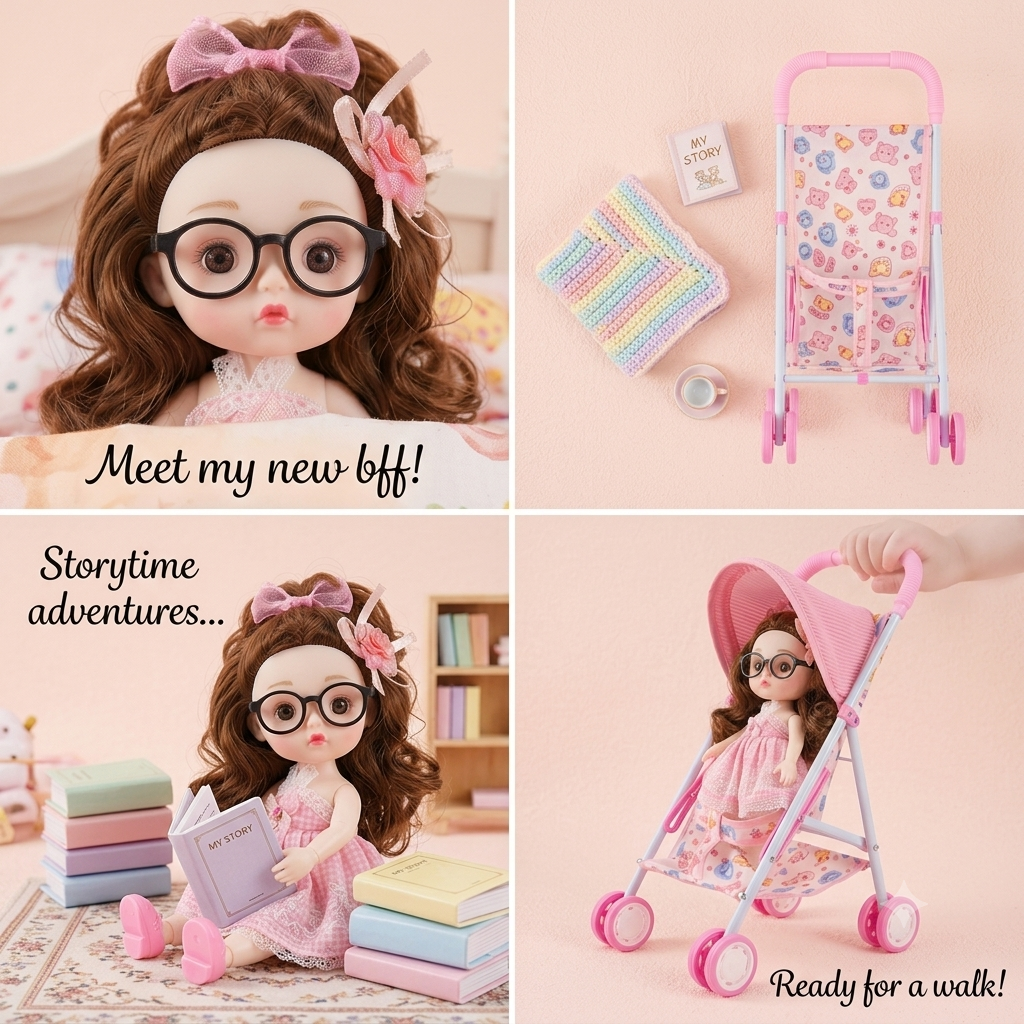 Doll Stroller Toy for Girls Doll Pram Foldable Pretend Play Pushchair, Ages 3+