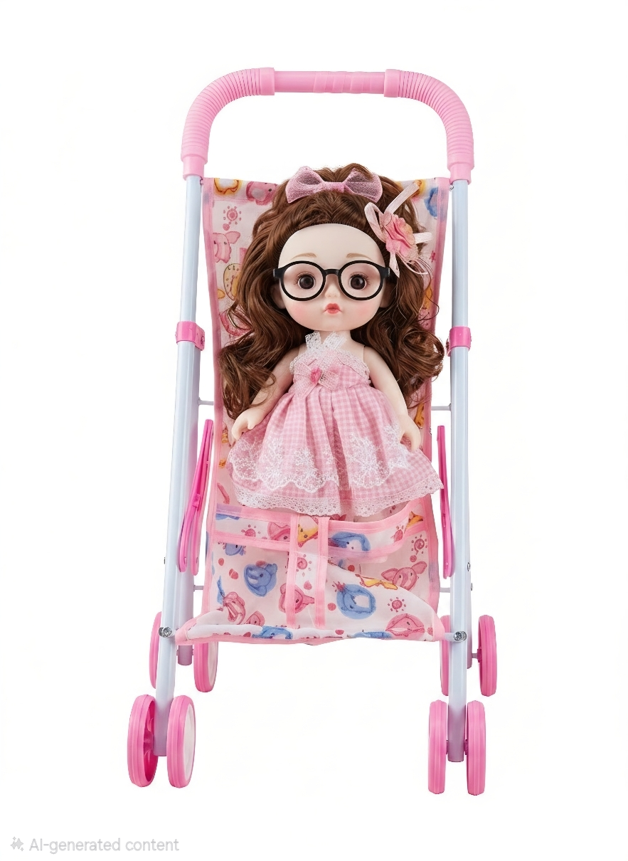 Doll Stroller Toy for Girls Doll Pram Foldable Pretend Play Pushchair, Ages 3+