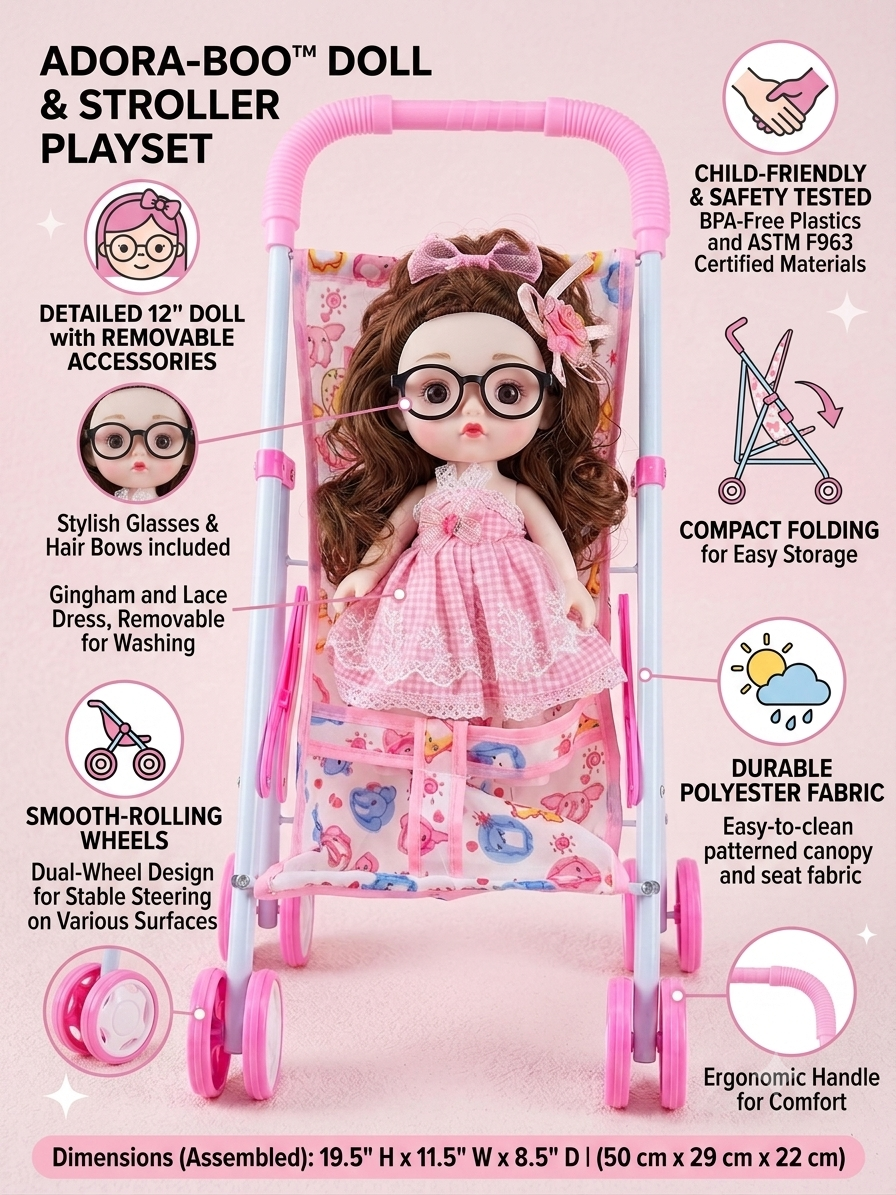 Doll Stroller Toy for Girls Doll Pram Foldable Pretend Play Pushchair, Ages 3+