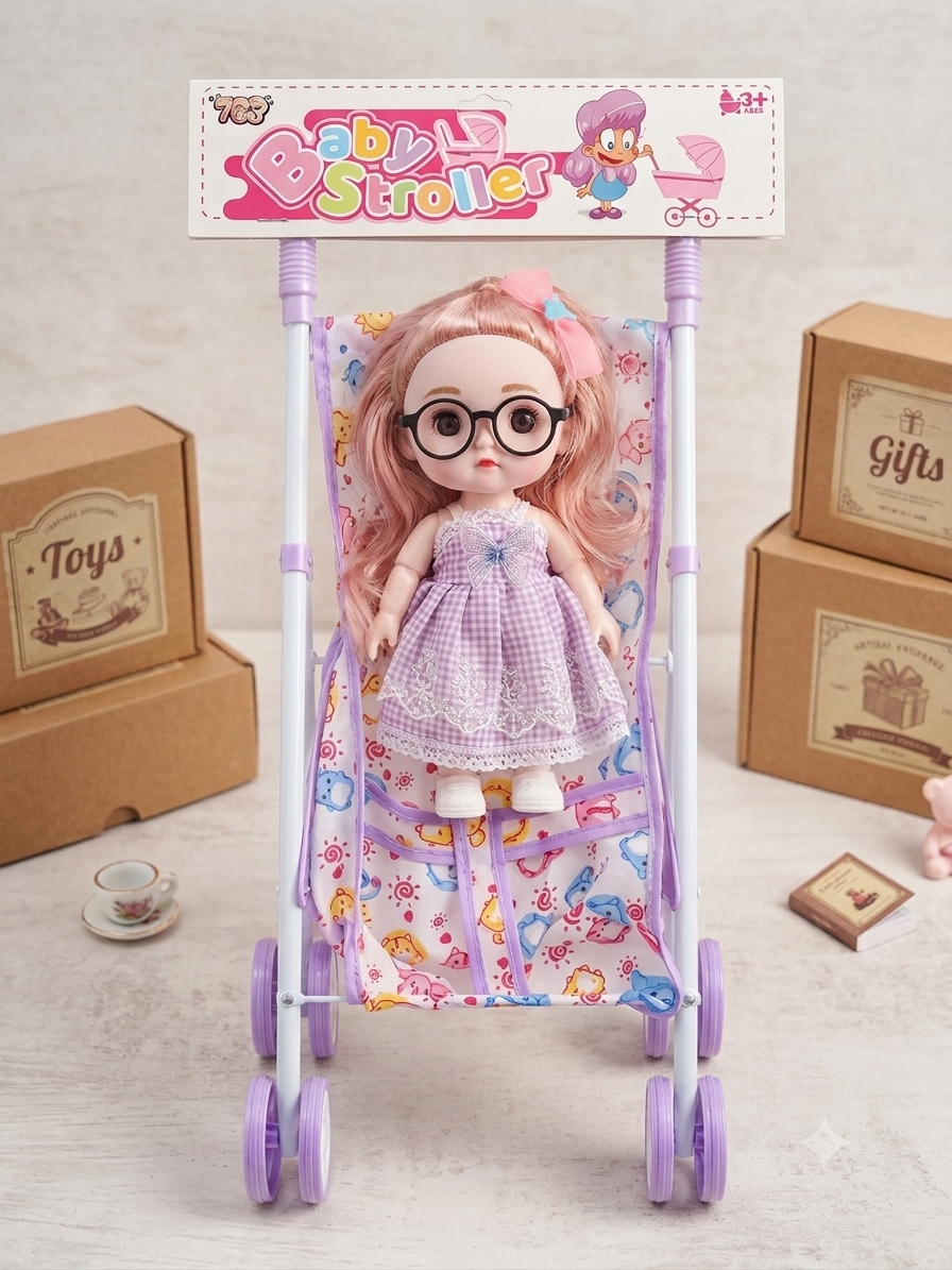 Doll Stroller Toy for Girls Doll Pram Foldable Pretend Play Pushchair, Ages 3+