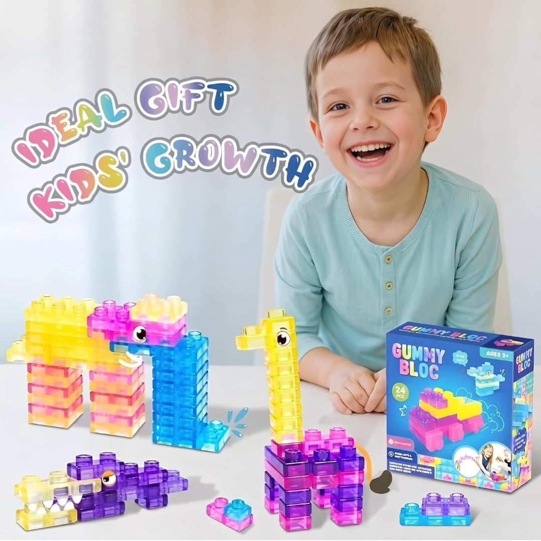 Sensory Soft Magic Gummy Building Blocks Squishy Stacking Toy Set 24 PCS- Age 3+ Squeezable Stretchable Montessori Learning Creative Play Puzzle Blocks for Toddlers & Kids