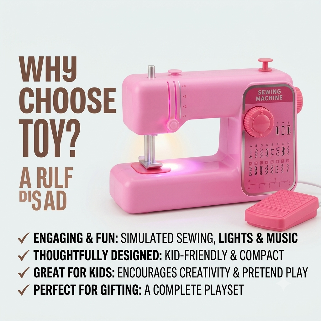 Kids Toy Sewing Machine with Real Light, Music & Foot Pedal – Battery Operated Pretend Play Small Appliance Roleplay Toy for Girls & Boys (Age 3+ Years, Pink)