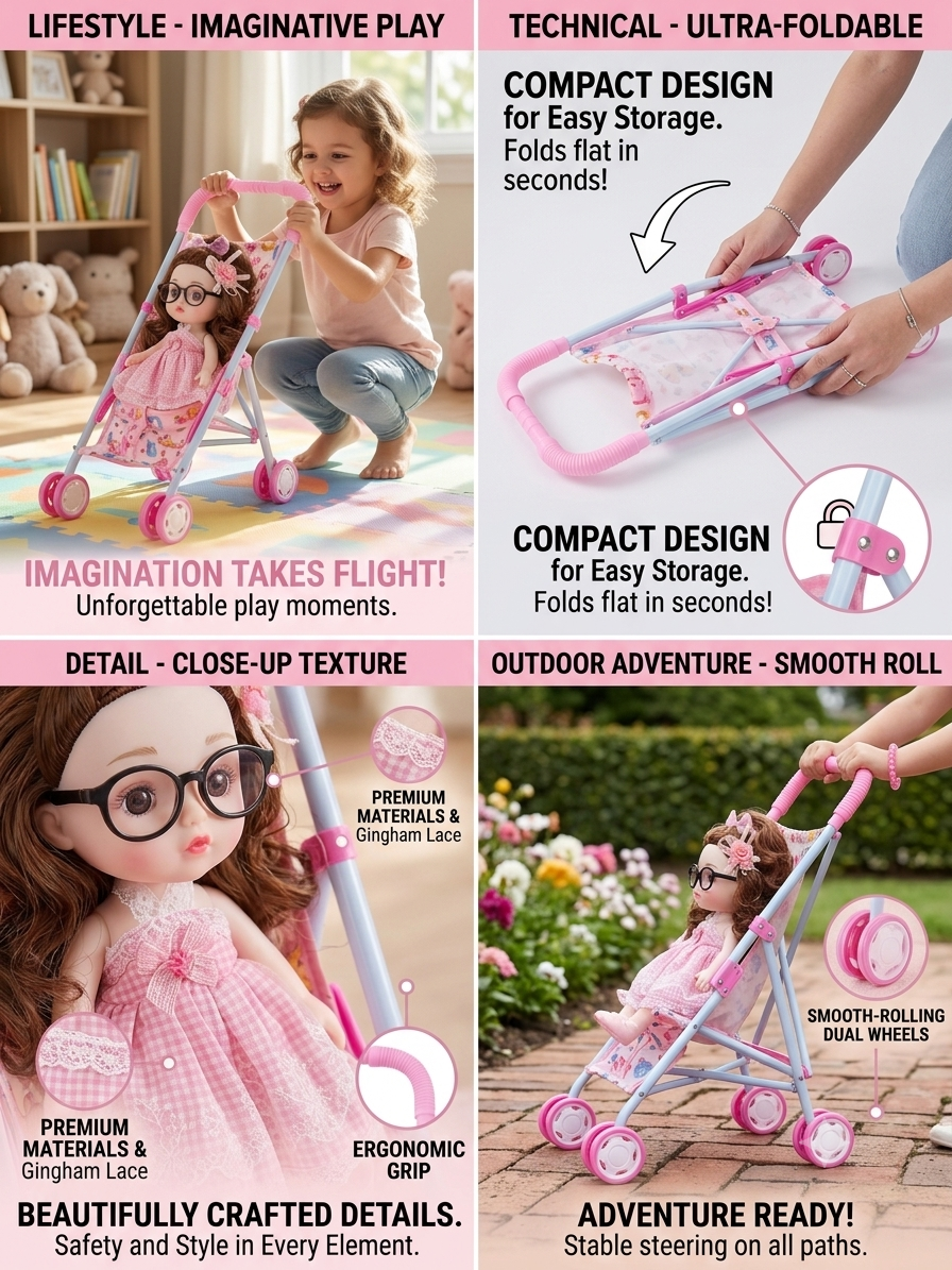 Doll Stroller Toy for Girls Doll Pram Foldable Pretend Play Pushchair, Ages 3+