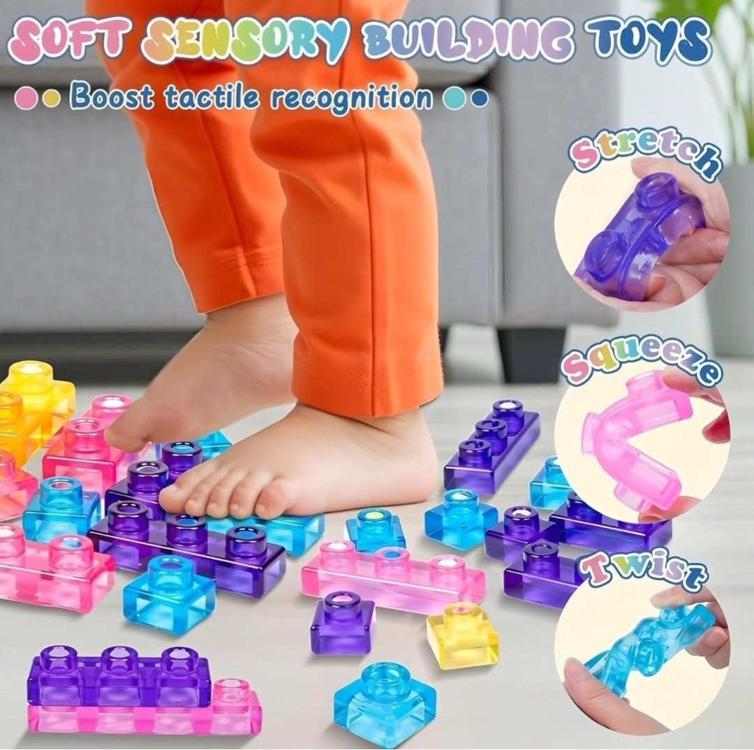 Sensory Soft Magic Gummy Building Blocks Squishy Stacking Toy Set 24 PCS- Age 3+ Squeezable Stretchable Montessori Learning Creative Play Puzzle Blocks for Toddlers & Kids