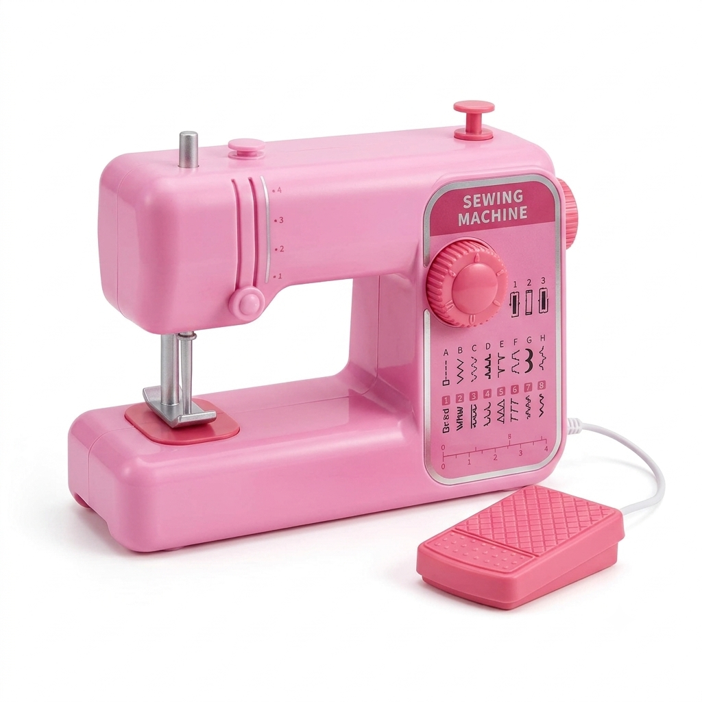 Kids Toy Sewing Machine with Real Light, Music & Foot Pedal – Battery Operated Pretend Play Small Appliance Roleplay Toy for Girls & Boys (Age 3+ Years, Pink)